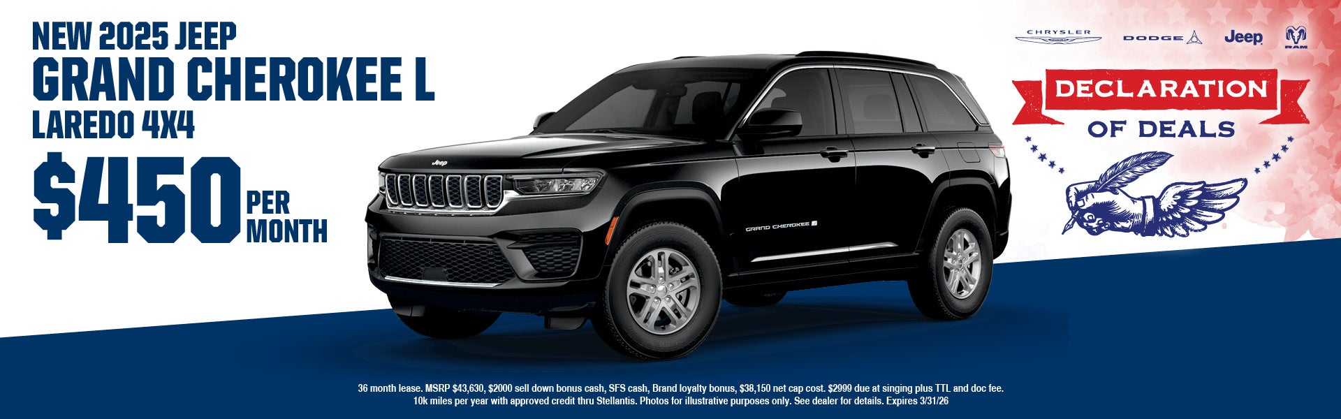 2026 Jeep grand Cherokees L Laredo 4X4 $450 per month