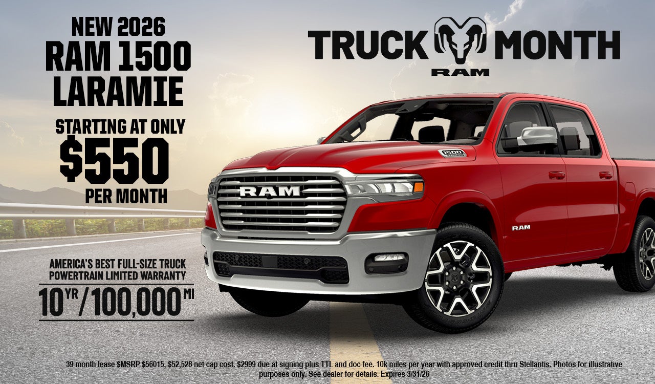 2026 Ram 1500 Laramie’s starting at only $550 per month- w/Ram warranty logo